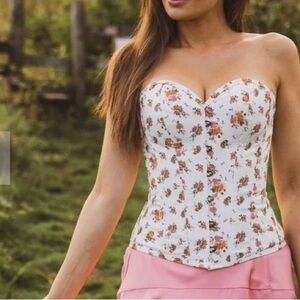 Corset Story Women UK 18 US Size 14 White Orange Floral Overbust Sweetheart New